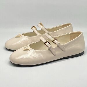Prada Leather Double-Strap Triangle Logo Ballerina Flats
